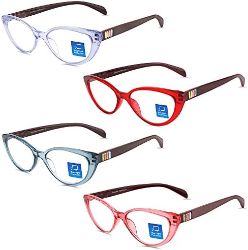 4 Пакет Очила За Читање Блокирање На Сина Светлина За Жени Кристал Мачкино Око Стилски Читатели Со Меки Торбички Лесни Очила Против Замор На Очите/Отсјај/УВ 3.00