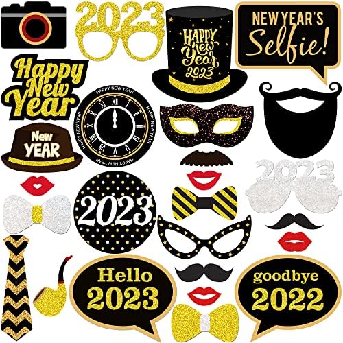 Нова година Фото штанд реквизити 2023 - Пакет од 26, вистински сјај | 2023 Проповеди за фотографии, Нова Година на забави за забави 2023 | Среќни