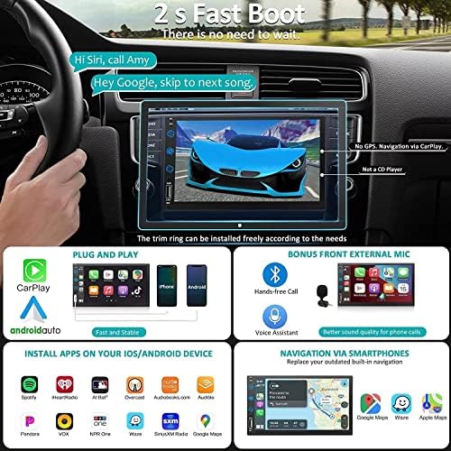 Двоен DIN Car Stereo Radio Control Apple CarPlay & Android Auto, 7in HD LCD екран на допир Bluetooth 5.2, MP5 плеер со линк огледало, резервна