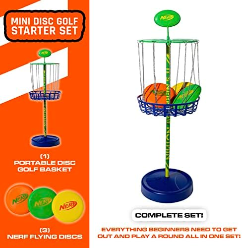 Сет за стартување на голф Nerf Disc - Mini Disc Golf Discs + Disc Basket Cashter Set - Комплетен преносен дискови за голф со дискови за задниот двор + плажа - 3 дискови + цел за корпа вклучена