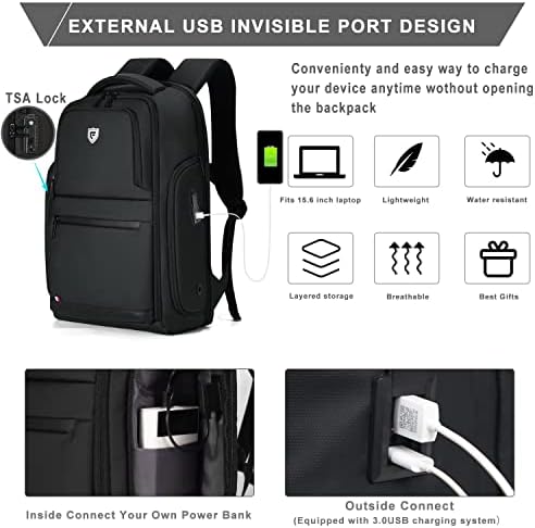 Фенруен Бизнис Травел ранец за мажи, вклопуваат 15,6 ранец на лаптоп, водоотпорен ранец со USB пристаниште за полнење, ранец со багаж против