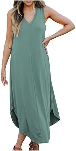 Обичен резервоар фустан за жени лето лабаво вклопување V-вратот страничен сплит макси долги фустани цврсти преголеми удобни фустани