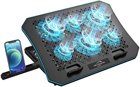 Подлога за лаптоп лаптоп Aicheson со 6 вентилатори за ладење, 7 прилагодливи висини, сини LED светла, USB напојувано ладно мат за лаптопи