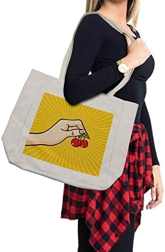 Торба за купување овошје Амбесон, ретро поп-уметност рака која држи неколку дизајн на скици од цреши на жолта позадина, еколошка