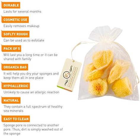 Природно жолто море свилено сунѓери 1,5 инчи пакет од 5 во торба за органза. Одлично за козметичка употреба: Отстранување на шминка, чистење