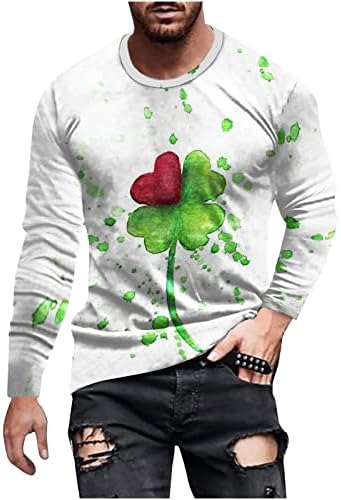 Трендовски кошули за мажи Свети Патрикс Ден 3Д дигитално печатење тркалезен врат со долг ракав, пулвер блуза, блуза-пријателски врвови