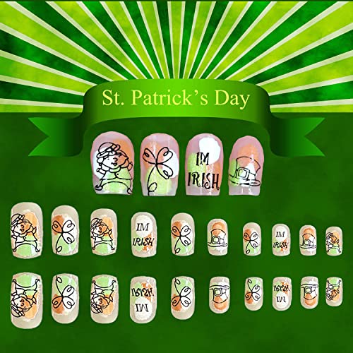 Денот На свети Патрик Притиснете На Ноктите Кратки Квадратни Лажни Нокти Сјај Целосна Покривка Лепак На Ноктите Зелени Бели Лажни Нокти