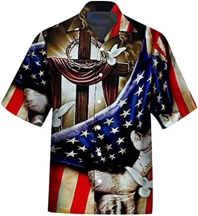 2023 Нова кошула за мажи лето 3Д Ден на независност на печатење Денот на американско знаме, случајно кратко ракав копче тен со долг ракав