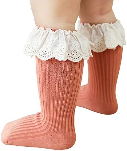 Houseyuan новороденче Фрили бебе девојки колено високи чорапи новороденче чипка чипка, долги чорапи за хулахопки за деца 6-12 месеци
