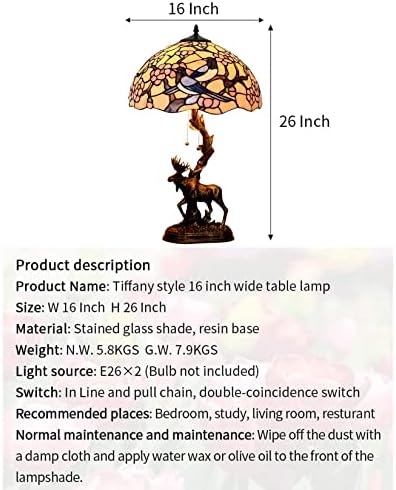 Тифани Табела за ламба Мегпи Плима Дизајн за витраж со стаклена ламба 2-светлини од смола во форма на лос, традиционално рачно изработено