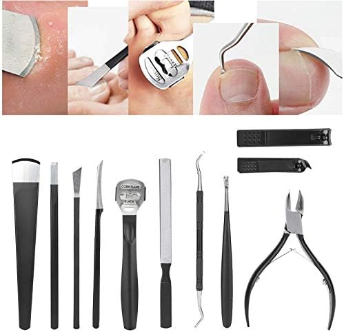 Алатка за педикир, алатка за педикир од не'рѓосувачки челик од 11 парчиња, поставена алатка за нокти, нож за педикир, мртва кожа, комплет