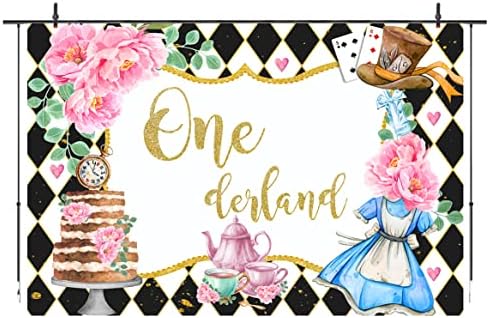 Ондерленд 1 роденден за позадина за девојчиња Чудо од земја чај забава позадина девојка розова цветна покер декорација торта