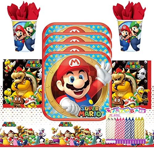 Super Mario Party Supplies Pack служи 16 | Снабдување со роденденска забава | Чаши за салфетки и табела со роденденски свеќи