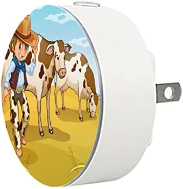 2 приклучок за приклучок за ноќно светло LED ноќно светло со сензор за самракот до зори за детска соба, расадник, кујна, ходник Каубој со две крави кои јадат