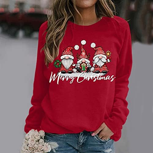Womenените Среќен Божиќен печатен пулвер џемпер со долги ракави Блуза Смешна одмор на одмор, највисока екипаж за одмори