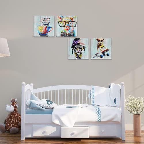 Смешно животинско wallидно уметност платно печати 3Д жаба со очила сликајќи слики за расадник детска соба 4 парчиња паметни слатки уметнички дела за дневна соба за дн
