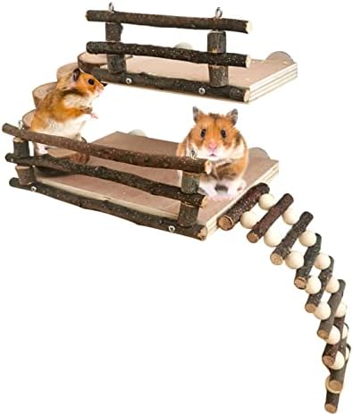 Fhiny Hhamster Climbing Toys, 2 слој дрвена активност платформа со мост што виси додатоци за игралиште за игралишта, хрчак, џвакање играчки