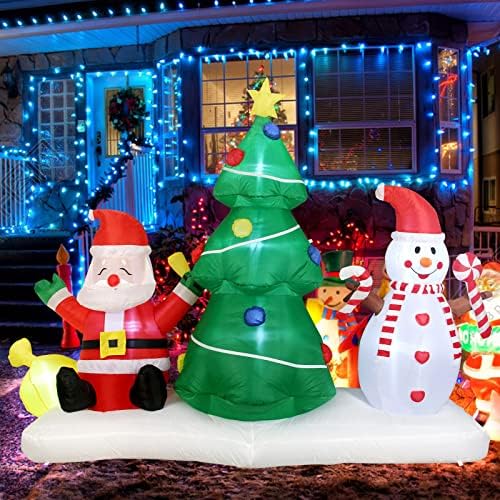 Клаузула за новогодишна елка и Дедо Мраз и декорација на снежничар со светлина за Божиќна забава, на отворено, двор, градина, декор на тревници