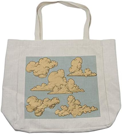 Амбезон гроздобер торба за купување, меки формирани старомодни облаци во воздухот Фанки обоени елементи на небото илустрација, еколошка торба
