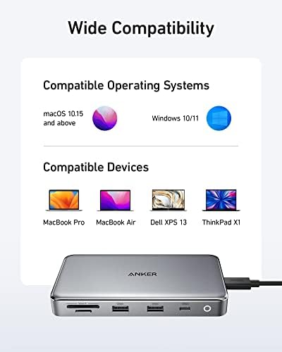 ANKER 563 USB-C Центар, Докинг Станица Двоен Монитор, Со Max 100w Pd-in, 5GBPS USB Порти За Податоци За M1/ M2 Macbook Pro, Macbook