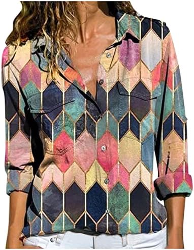 Геометриска кошула во боја на боја за жени 2023 пролетно копче со долг ракав надолу лабава маичка плус големина мода што излегува