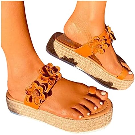 Сандали за жени обични цвеќиња од цветна шема, дебел дно сандали модни отворени пети цврсти сандали ткаат чевли каки
