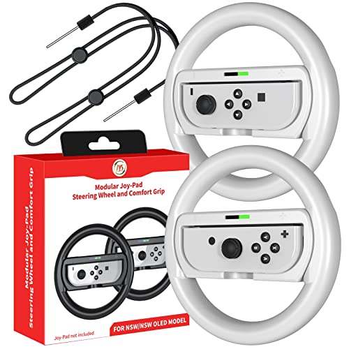 Нови контролори на воланот за одвојување на воланот oyојторн за Nintendo Switch OLED модел, Switch Joycons додатоци за тркачки тркала компатибилни со Mario Kart и Things Racing-White