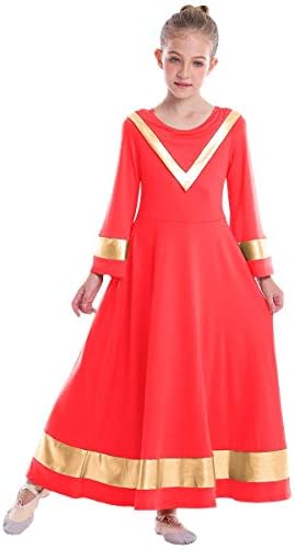 Owlfay девојки злато металик во боја блок литургиски пофалби танцувачки фустан Руфла лабава вклопена целосна должина долга ракав костум за обожавање