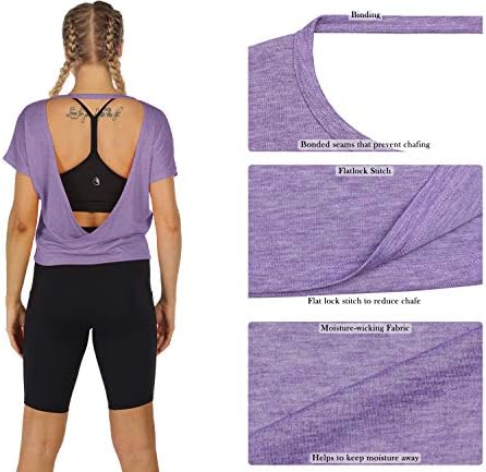 ICIZONE Отворено за тренингот маици за жени-страшни атлетски тимови со краток ракав, врвови за јога без грб, кошули за теретани