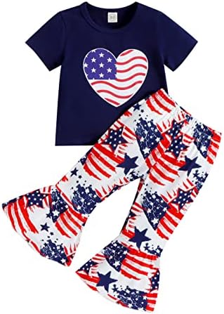 Девојче дете девојче 4-ти јули Облека со кратки ракави маици врвови на американско знаме печатено разгорени панталони за летни облеки