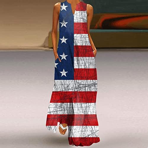 Женски Миди Фустани Денот На Независноста За Жени Обични Плус Големина V Вратот Фустан Без Ракави Дневно V Вратот Макси