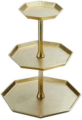 Индија Ракотворби Позлатен Златен Тон Октагон 20 инчен Алуминиум 3-Нивоа Кекс Дисплеј Штанд