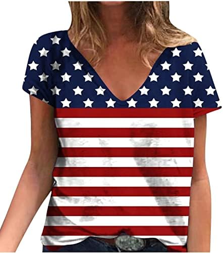 Австриско Американско Знаме Графички Маици За Жени 4 јули Ѕвезди Ленти Печатени Патриотски Кошули V Вратот Кратки Ракави Маици