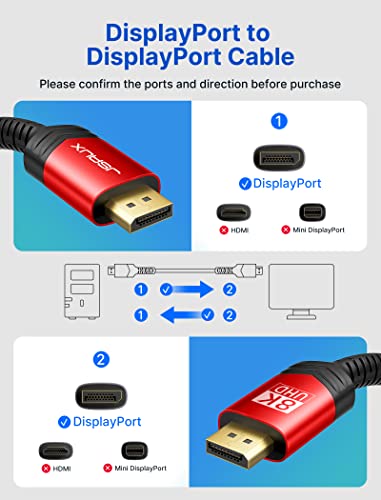 JSAUX 8K DisplayPort Кабел 1.4, DP Кабел 15ft(8K@60Hz, 2K@240hz, 4K@144hz, 32.4 Gbps), Дисплеј Порта За Прикажување Порта Кабел 1.4 Компатибилен