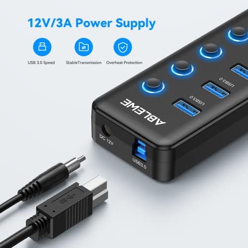 Придвижуван USB 3.0 Центар, ABLEWE 6-Порт USB Податоци Hubwit 2*QC 3.0 Порти За Брзо Полнење и 4*USB 3.0 Порти, Индивидуални Прекинувачи