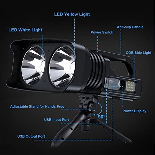 Mixilin Rechargeal Spotlight, 100000 Lumens Handheld Hunting Flashlight LED Spot светло со светлина на пајажина и статив, лесен и