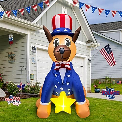 JOYEASE 4 FT Патриотска независност Ден на надувување на куче 4-ти јули, разнесени дворски украси Американски кученца носат капа за градење