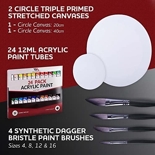 WA Portman Circle Canvas & Dagger Brush Deluxe Paint Set за возрасни - обликувано сликарско платно со комплет за акрилна боја и комплет за четки - комплет за сликање со платно и сет на бои - че