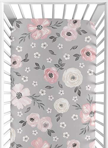 Слатка Jојо Дизајнс сива акварел цветни девојки опремени креветчиња за креветчето или расадник за кревет за деца - руменило розово