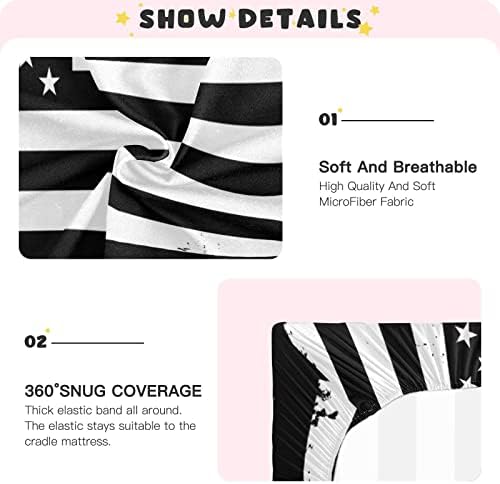 Алаза Гранџ САД Американско знаме бело и црно креветчето, опремени листови за басинет за момчиња бебе девојчиња, дете, мини големина 39 x 27 инчи