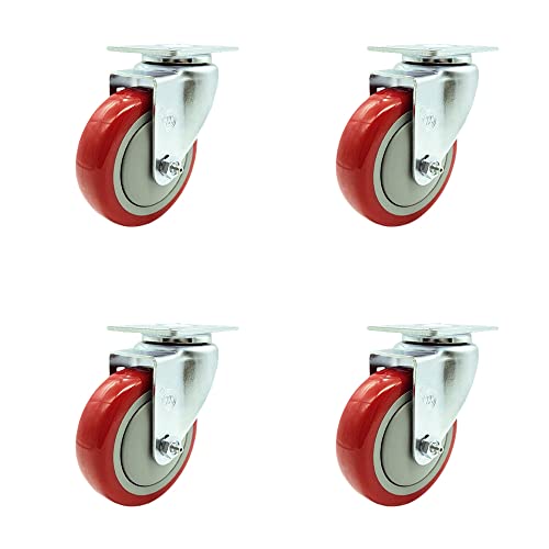 Полиуретан вртливата плоча за вртење на вртливата плоча од 4 со 3 инчни црвени тркала - вклучува 2 вртливите со сопирачки за заклучување и 2