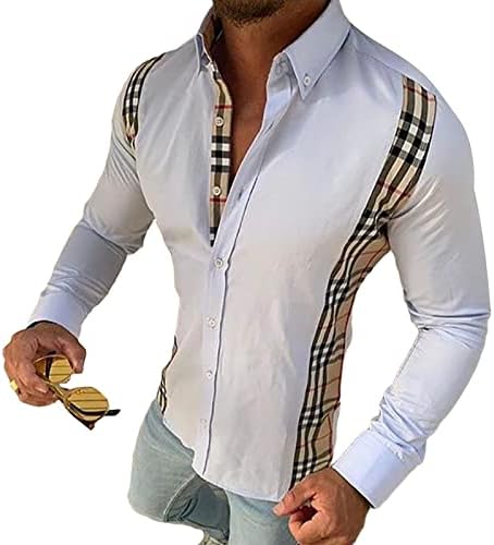 DGHM-JLMY MANS's Lapel Fashion Slim Plaid кошула со долги ракави во боја на кошула со лесна кошула со лесна тежина