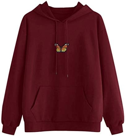Женски пеперутка печати пуловер обични дуксери со долги ракави дуксери за дуксери за тинејџери за џемпери со џемпер со качулка