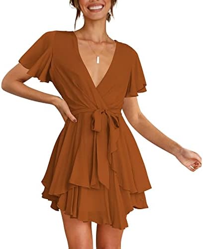 Fragarn плус фустан со големина за жени лето, женски моден обичен солидна боја кратка ракав со кратки ракави V-врат од лабава половината фустан од рифли