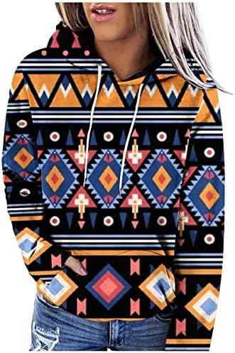 Западен Ацтек печати дуксери за жени трендовски пулвер, џемпер, обичен геометриски џемпер џемпер со долг ракав, врвна кошула
