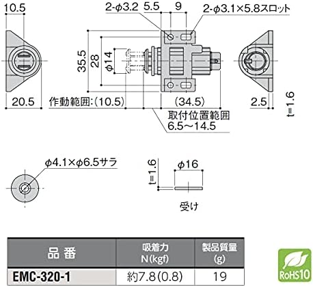 Shibutani EMC-320-1 Магнетски улов, круг, еден допир отворен, сила на вшмукување: приближно. 7,8 N, смола