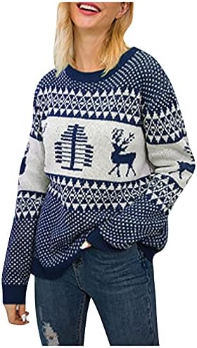 Женски џемпер на Ymosrh плус големина обичен тркалезен врат долг ракав Божиќ печатен џемпер со врвни џемпери за совпаѓање