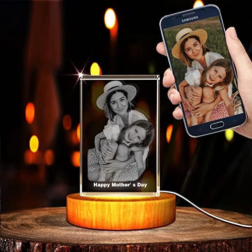Joyxbuy прилагодена 3D кристална фотографија, Денот на мајките Персонализирани подароци за мама со своја слика, 3Д ласерска гравирана слика,