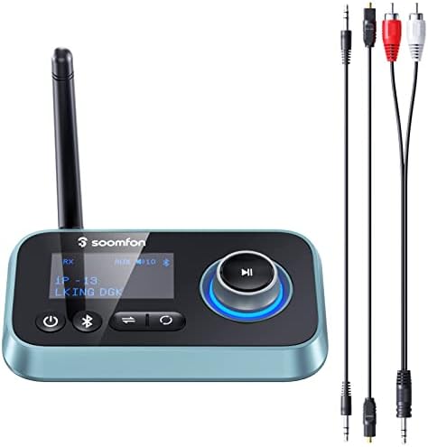 Приемник на Bluetooth Transmiter, Soomfon 3-во-1 Bluetooth 5.0 аудио адаптер за 2 слушалки со LCD дисплеј прилагодлив волумен,