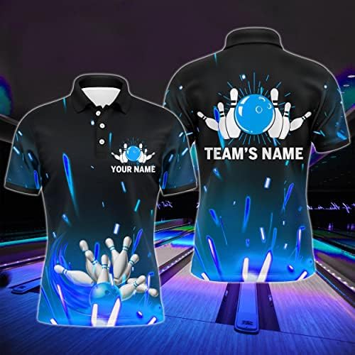 Персонализирана кошула со сина куглана за мажи и жени, маичка со пламен за куглање за тим за кратки ракави и кошула за четврт-зип NBP46